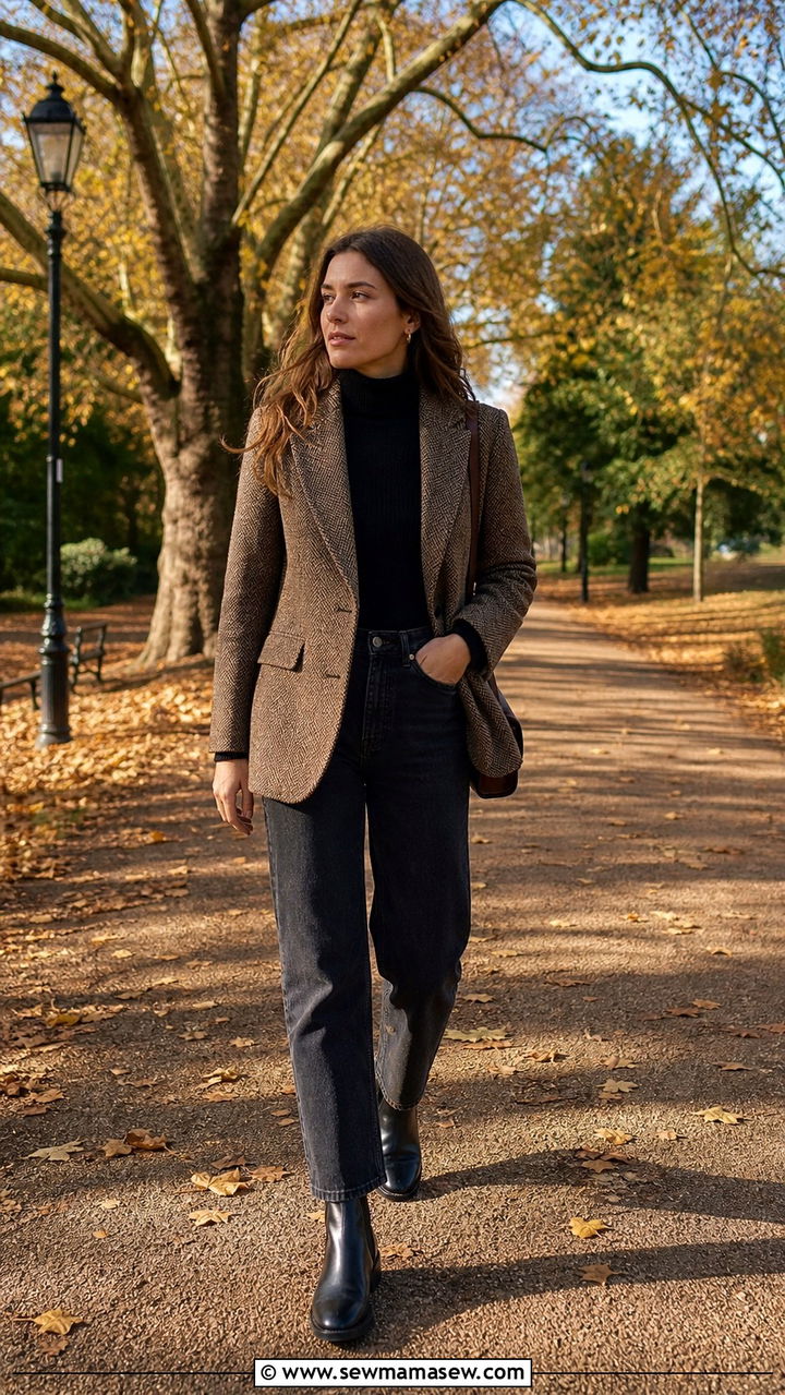 Herringbone blazer with roll neck and dark denim - 40 London outfit ideas