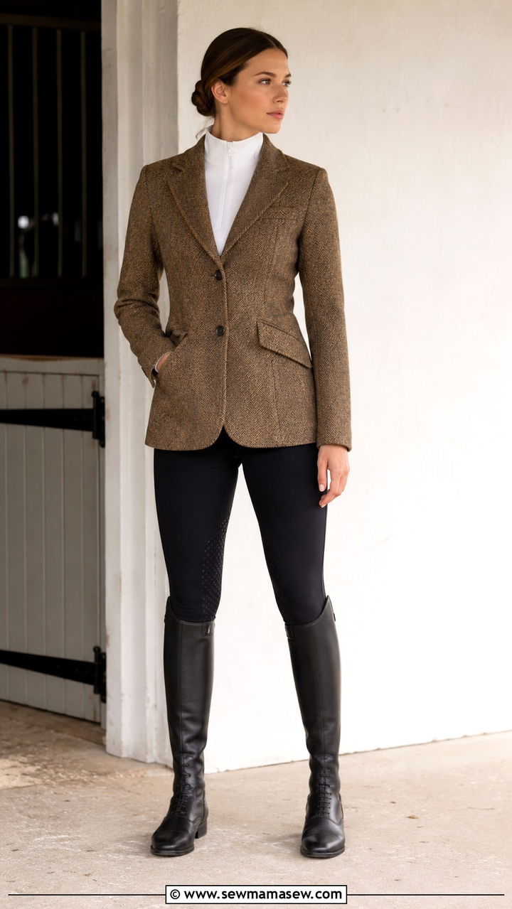 Herringbone hacking jacket with riding tights and field boots - 25 Old money outfit ideas with equestrian style