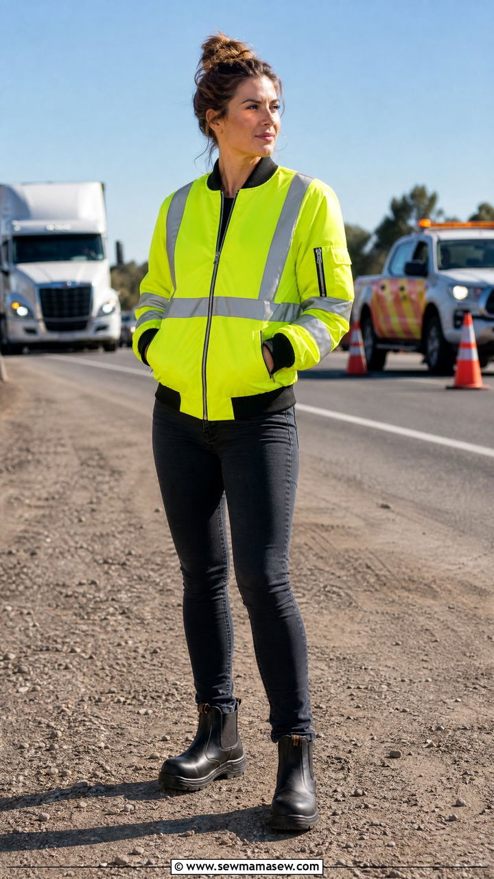 Hi Vis Bomber Jacket with Stretch Denim and Composite Toe Boots - 30 Construction site outfit ideas for women