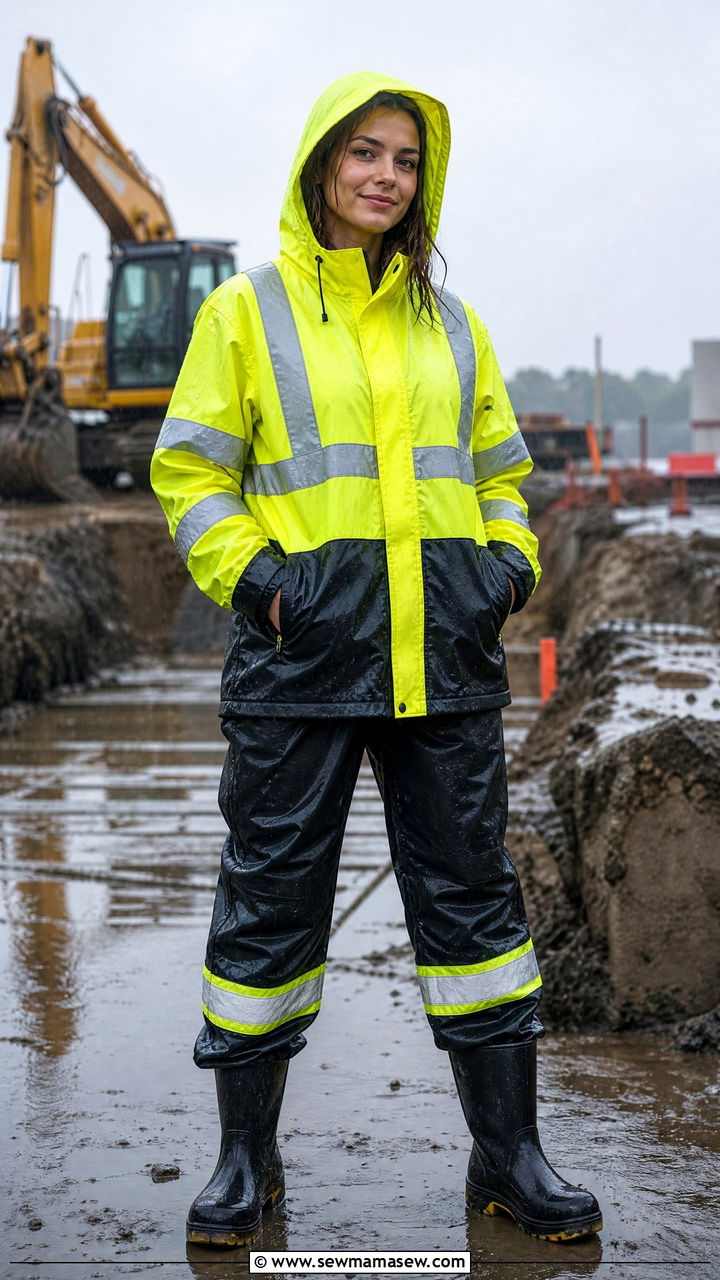 Hi Vis Rain Jacket with Waterproof Pants and Rubber Safety Boots - 30 Construction site outfit ideas for women