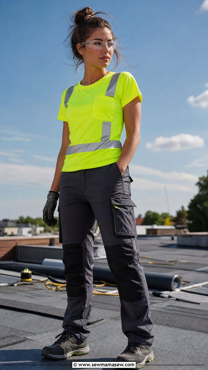 Hi Vis T Shirt with Stretch Work Pants and Safety Glasses - 30 Construction site outfit ideas for women