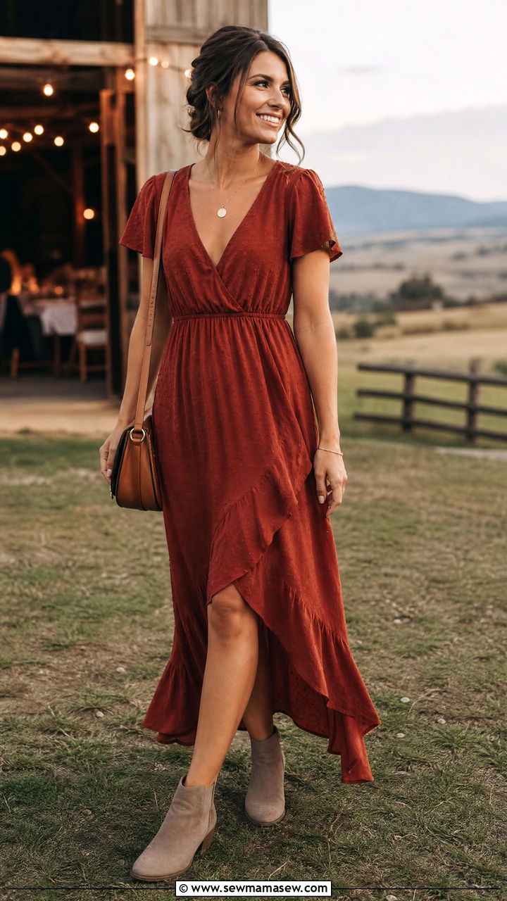 High Low Hem Dress With Ankle Boots - 30 summer wedding guest outfit ideas for women