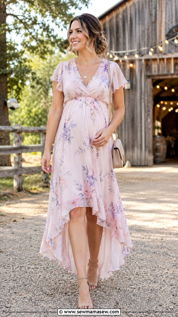 High Low Hem Dress With Ankle Strap Heels - 25 wedding guest outfits for pregnant women