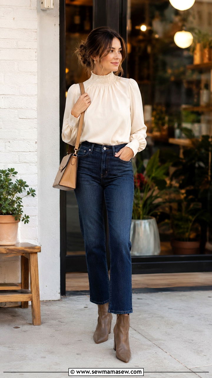 High Neck Blouse With Ankle Length Jeans - 30 Modest outfit ideas minimalist