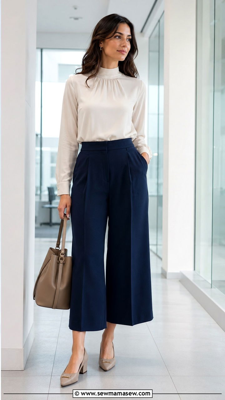 High Neck Blouse With Culottes Outfit - 30 modest office outfit ideas