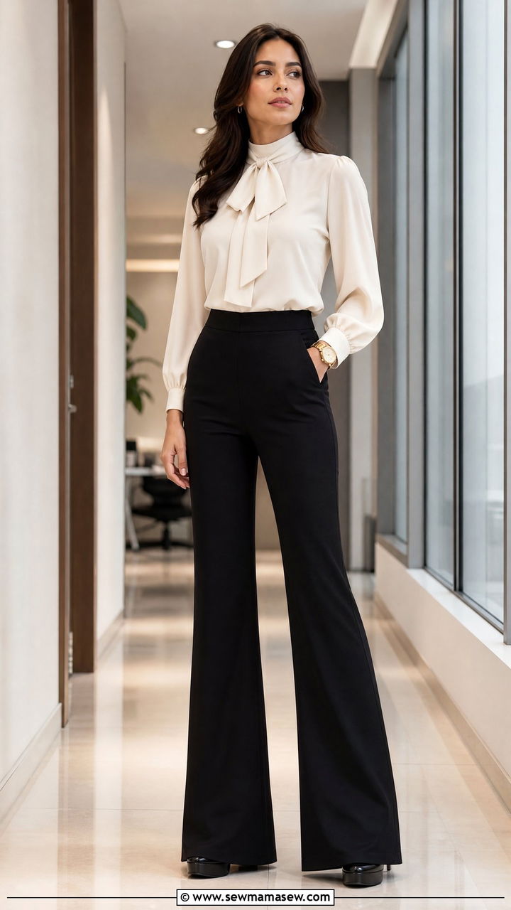 High Neck Blouse With Flared Trousers - 20 work outfits for hourglass body