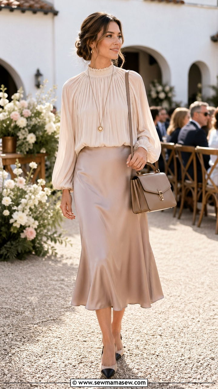 High Neck Blouse With Midi Skirt And Slingback Flats - 40 Casual wedding guest outfits