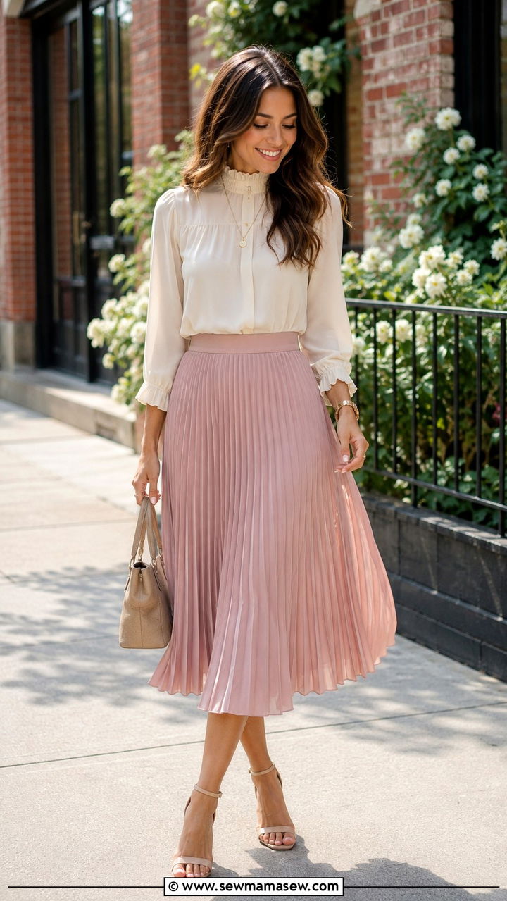 High Neck Blouse With Pleated Midi Skirt - 25 Outfit ideas for rectangle body for work