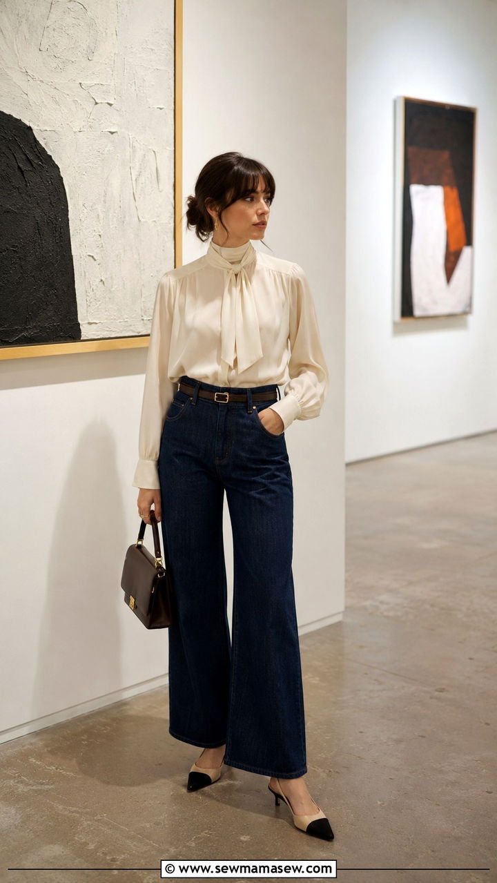 High Neck Blouse With Wide Leg Jeans - 30 Modest outfit ideas Parisian