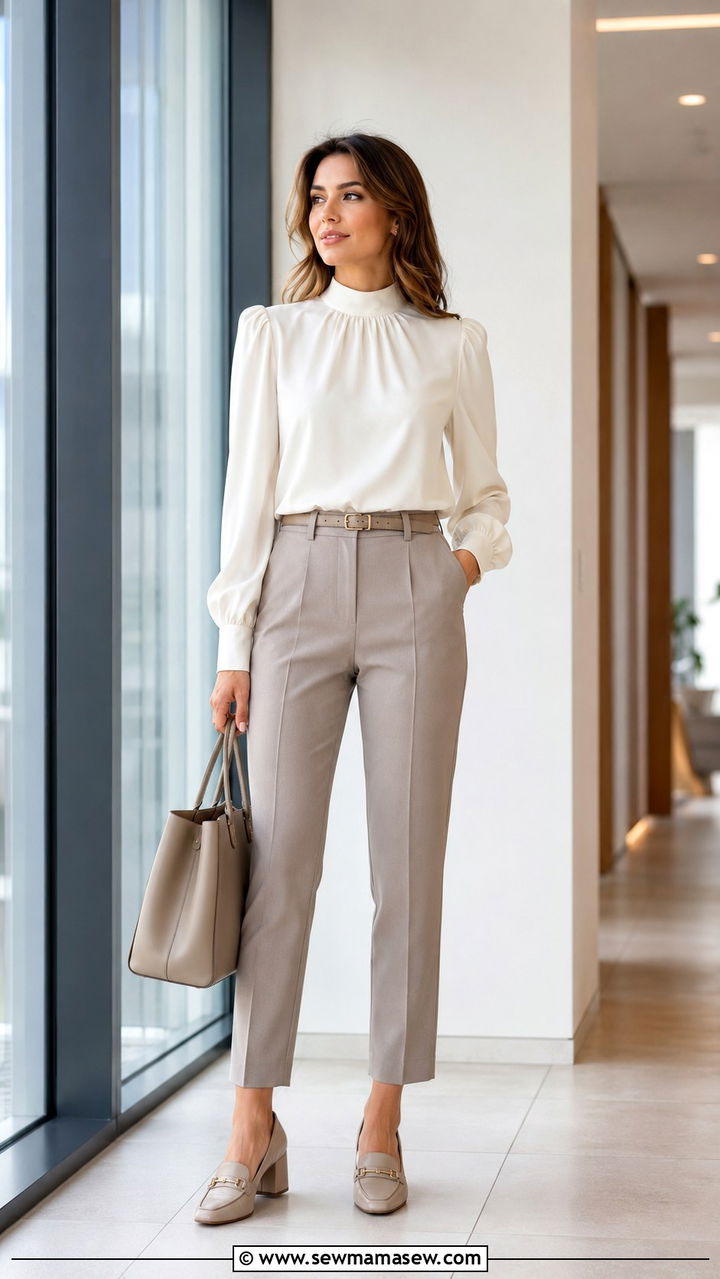High Neck Blouse and Tailored Trousers - 25 modest classy outfits to copy