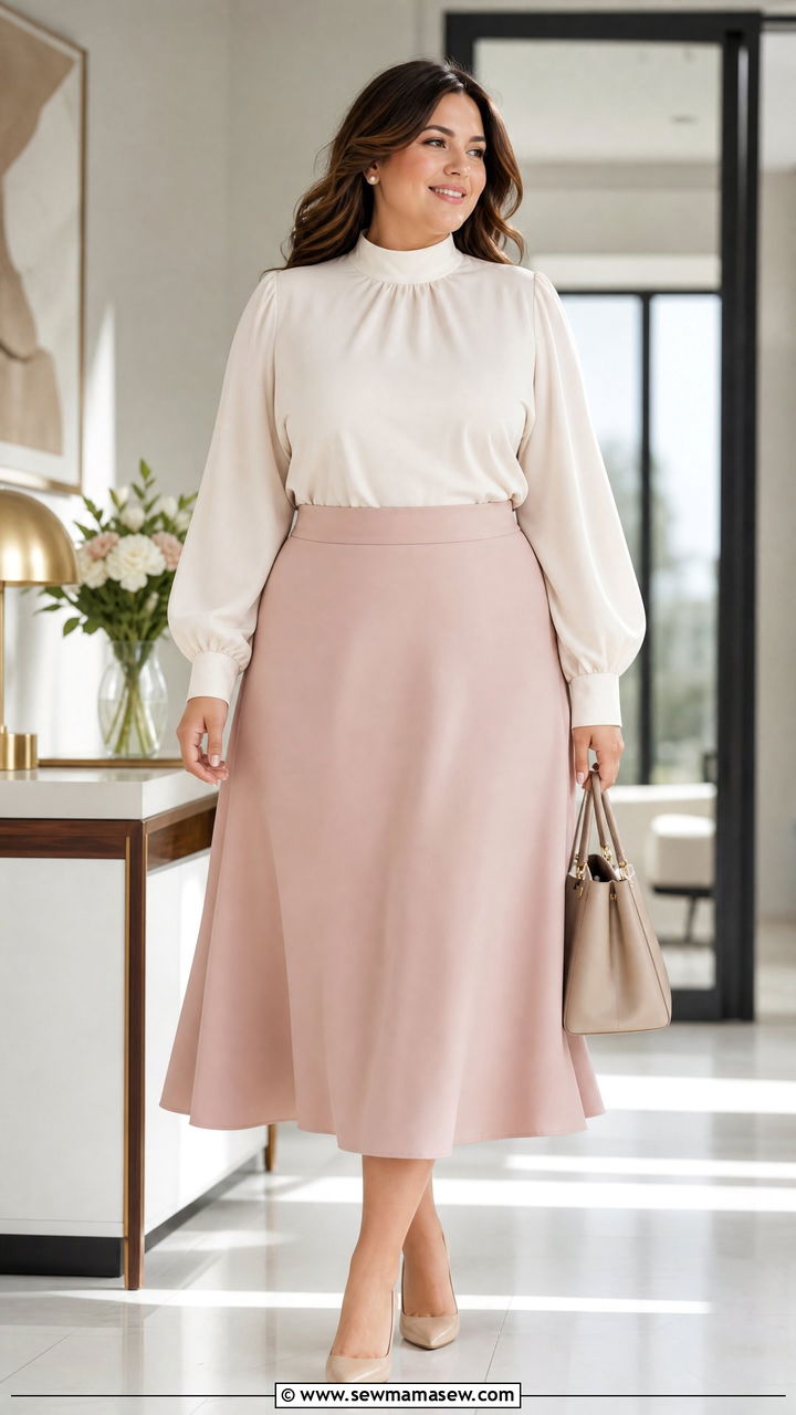 High Neck Blouse with A Line Midi Skirt Plus Size - 30 Modest outfit ideas plus size