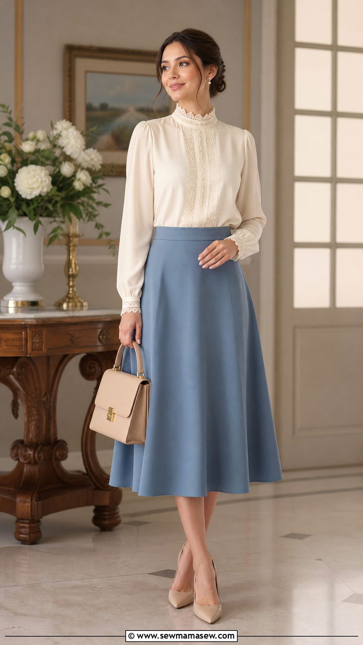 High Neck Blouse with A Line Skirt - 30 Modest spring outfits
