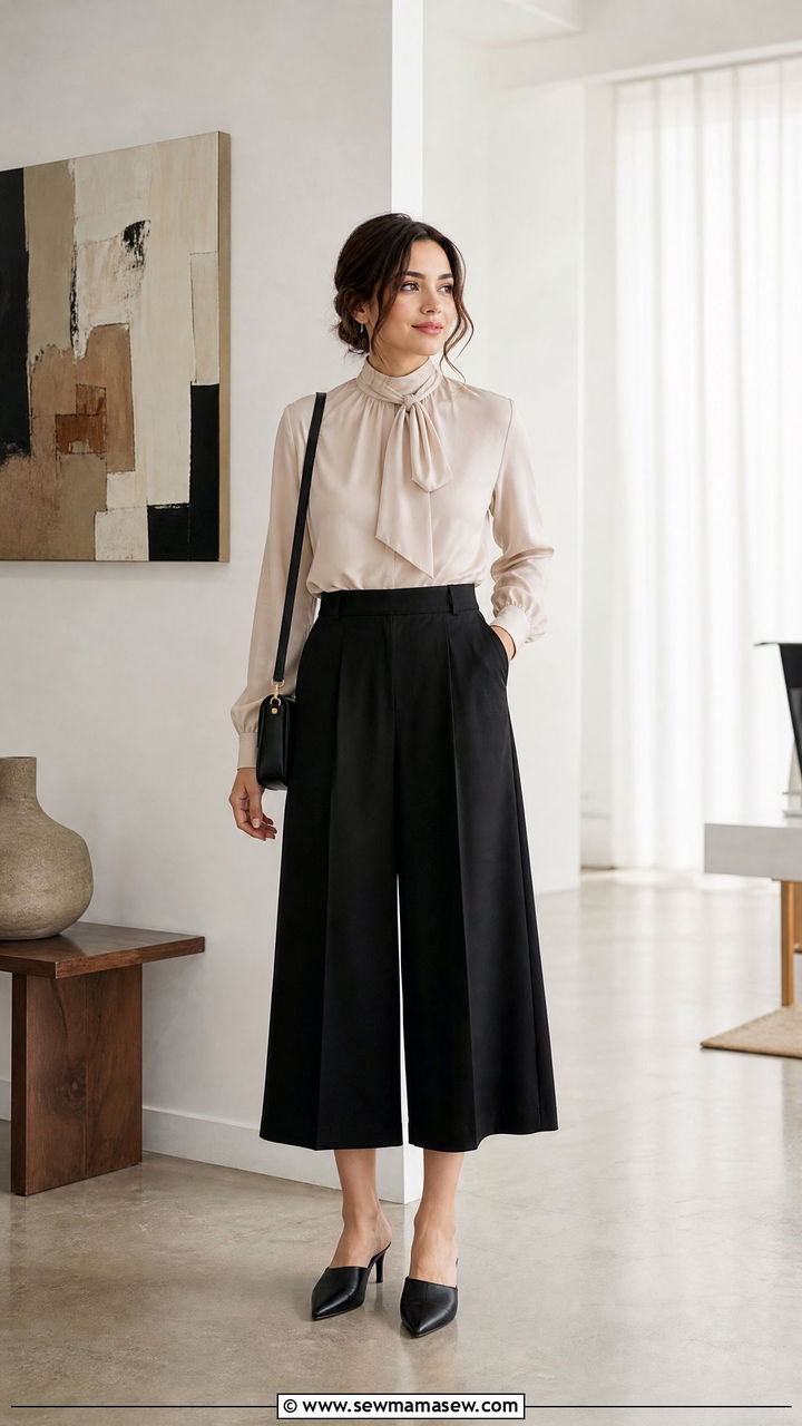High Neck Blouse with Culottes Outfit - 30 modest classy outfits ideas