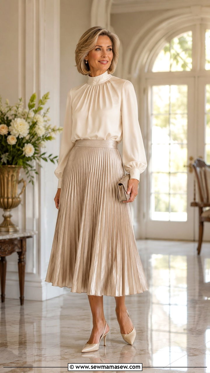 High Neck Blouse with Pleated Skirt - 30 Modest outfit ideas for women over 50