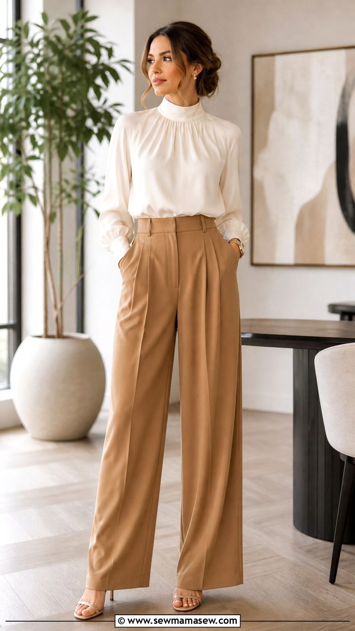 High Neck Blouse with Pleated Wide Leg Trousers Office Outfit - 40 Classy work outfit ideas