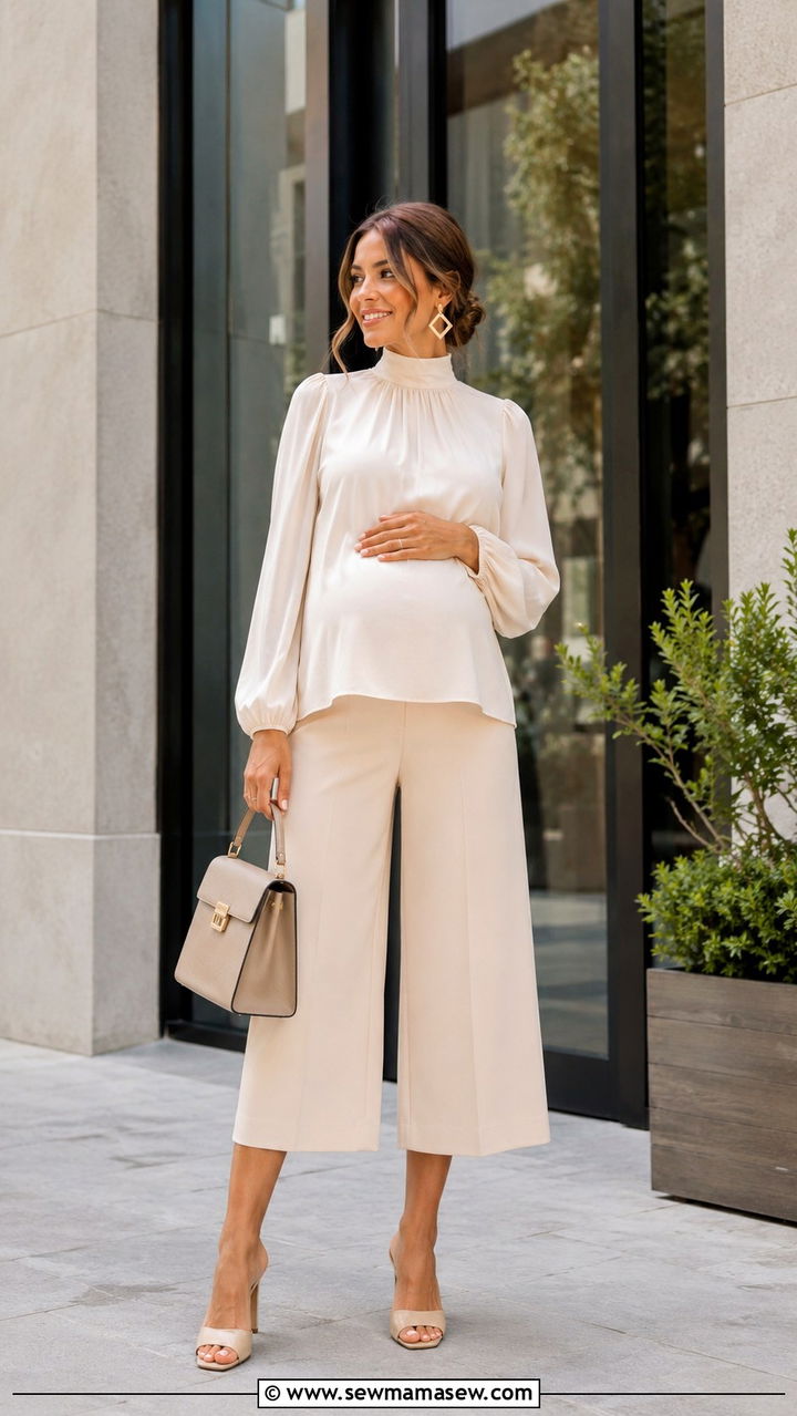 High Neck Blouse with Tailored Culottes - 30 classy baby shower outfit ideas