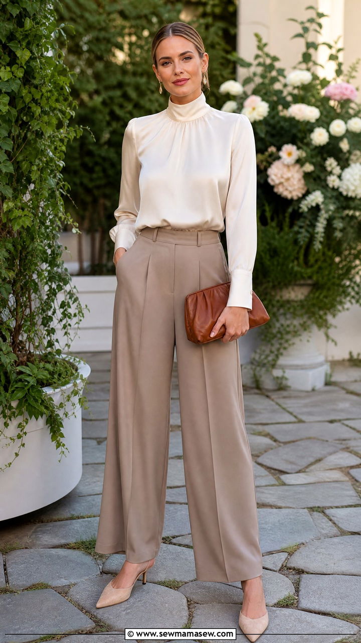 High Neck Blouse with Wide Leg Trousers - 35 Garden wedding guest outfits