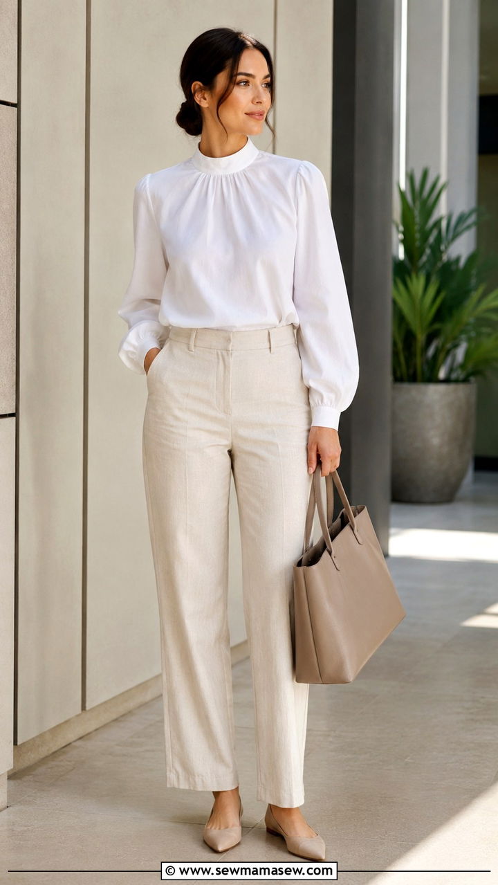 High Neck Cotton Blouse With Linen Trousers - 25 Modest outfit ideas for humid weather