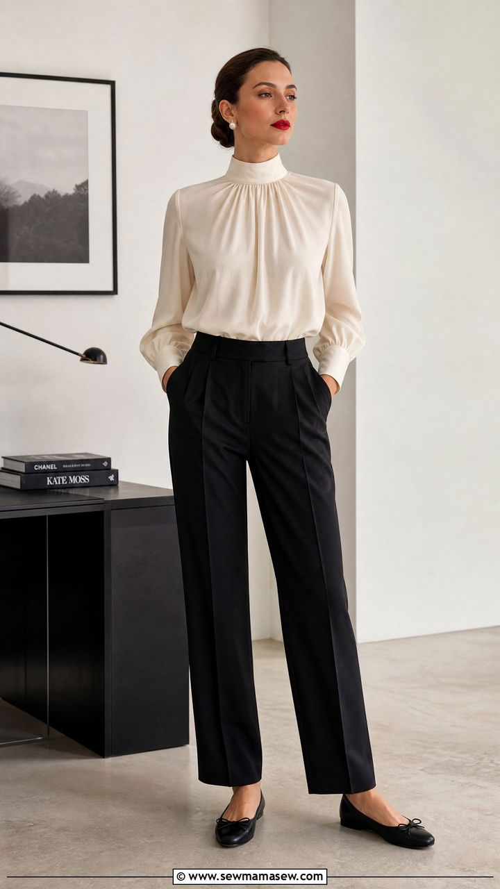 High Neck Cream Blouse with Pleated Black Trousers Outfit - 30 Old money outfit ideas for work