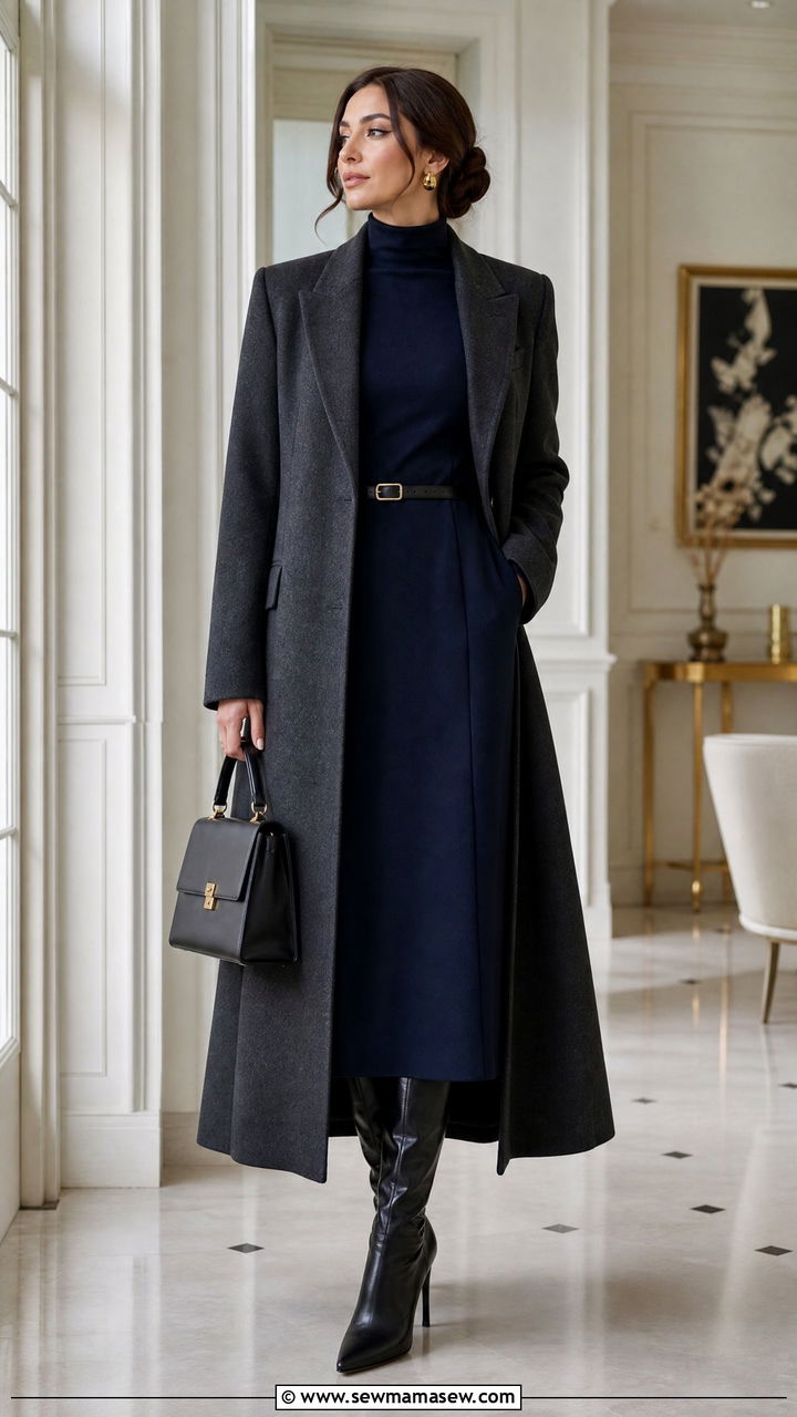 High Neck Dress With Long Coat - 30 modest classy outfits 2026