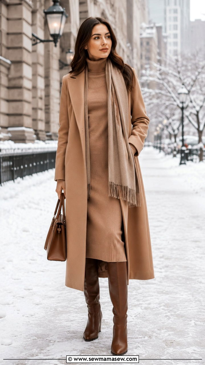 High Neck Dress with Tailored Long Coat - 30 Modest outfit ideas 2026