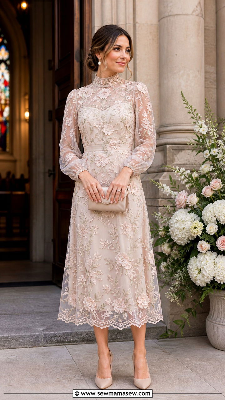 High Neck Embroidered Midi Dress With Neutral Heels - 40 spring wedding guest outfit ideas