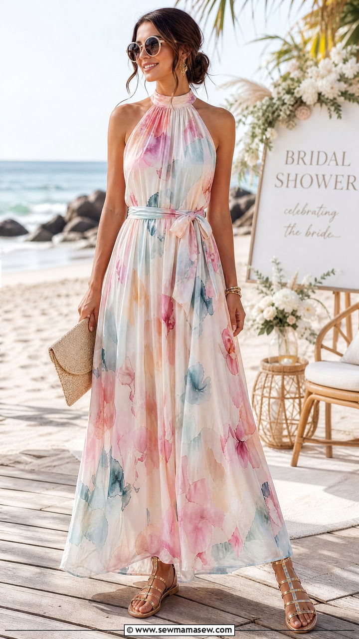 High Neck Halter Maxi Dress Outfit - 30 bridal shower outfit ideas for women