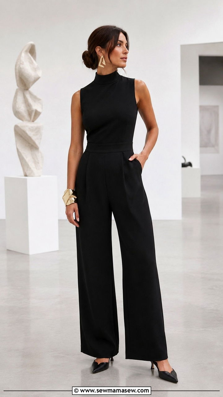 High Neck Jumpsuit With Sleek Accessories For Minimalist Wedding - 30 Jumpsuit outfit ideas for wedding guest