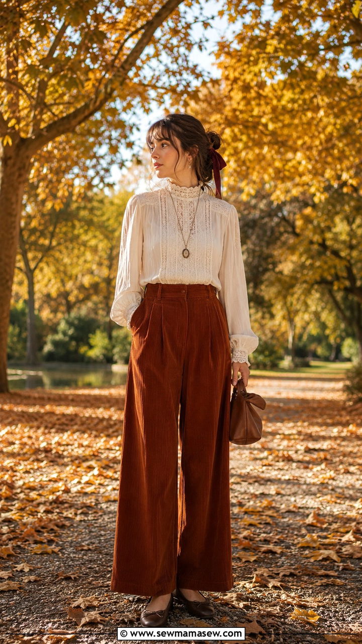High Neck Lace Blouse And Corduroy Trousers - 25 Poetcore outfit ideas