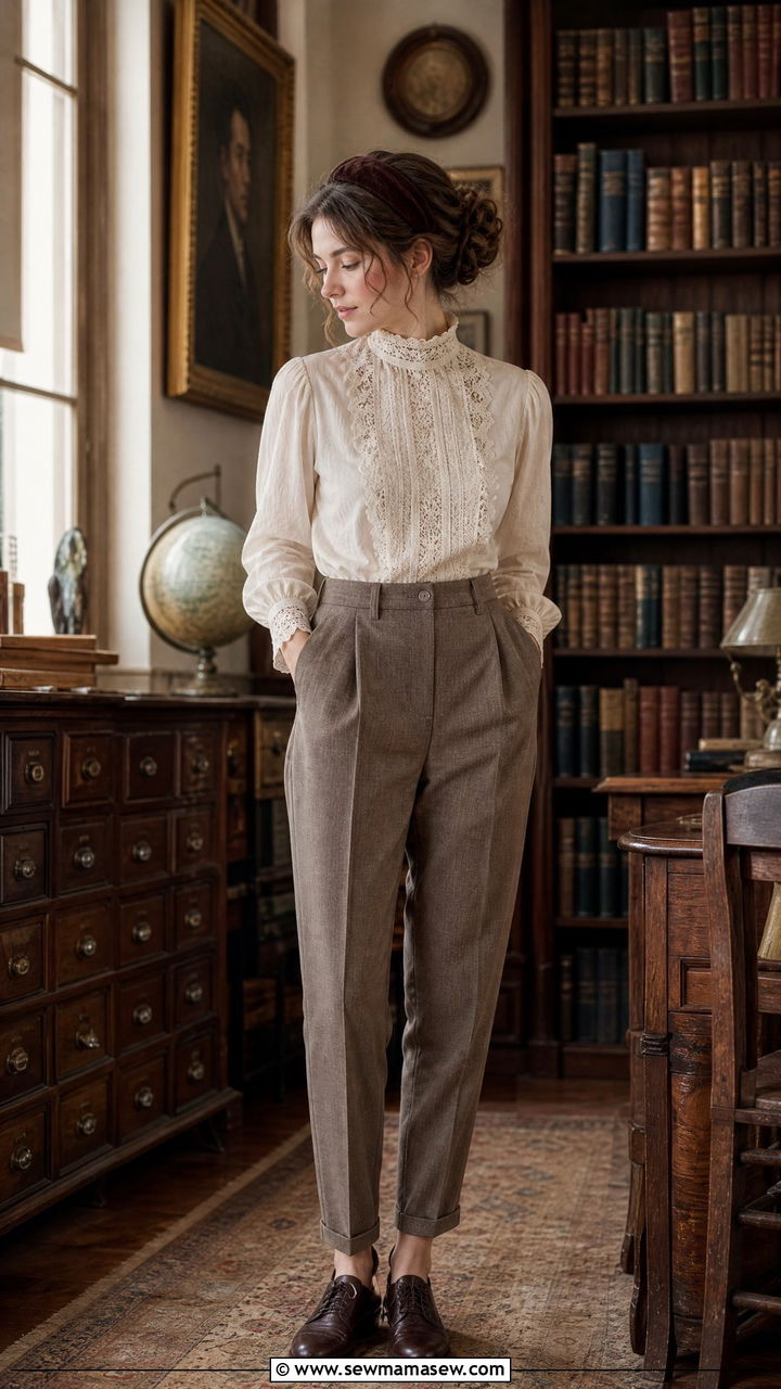 High Neck Lace Blouse With Trousers - 35 librarian core outfits