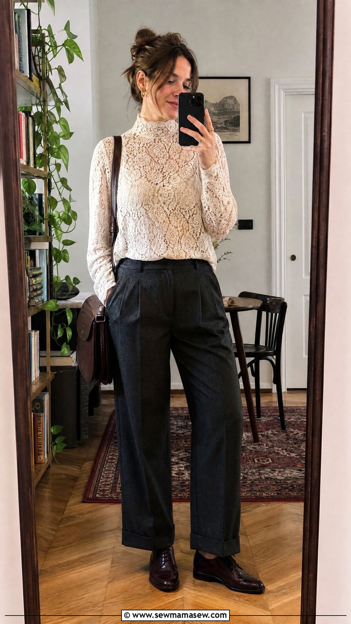 High Neck Lace Blouse With Wool Trousers And Satchel - 25 poetcore outfits inspo
