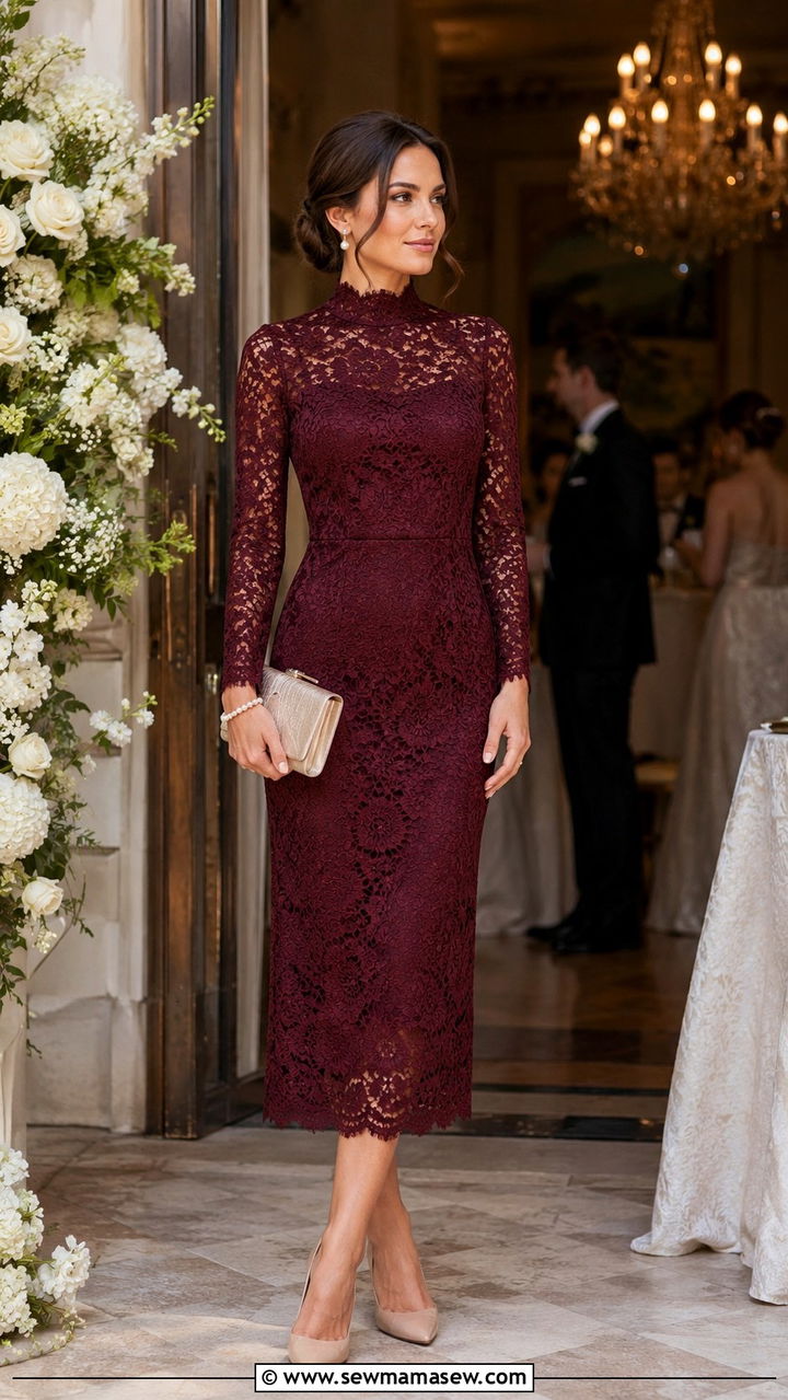 High Neck Lace Dress Wedding Guest - 30 modest wedding guest outfit ideas