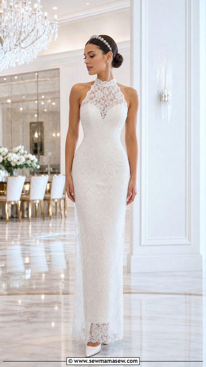 High Neck Lace Gown with Crystal Headband and Heels - 25 Debutante ball outfit ideas