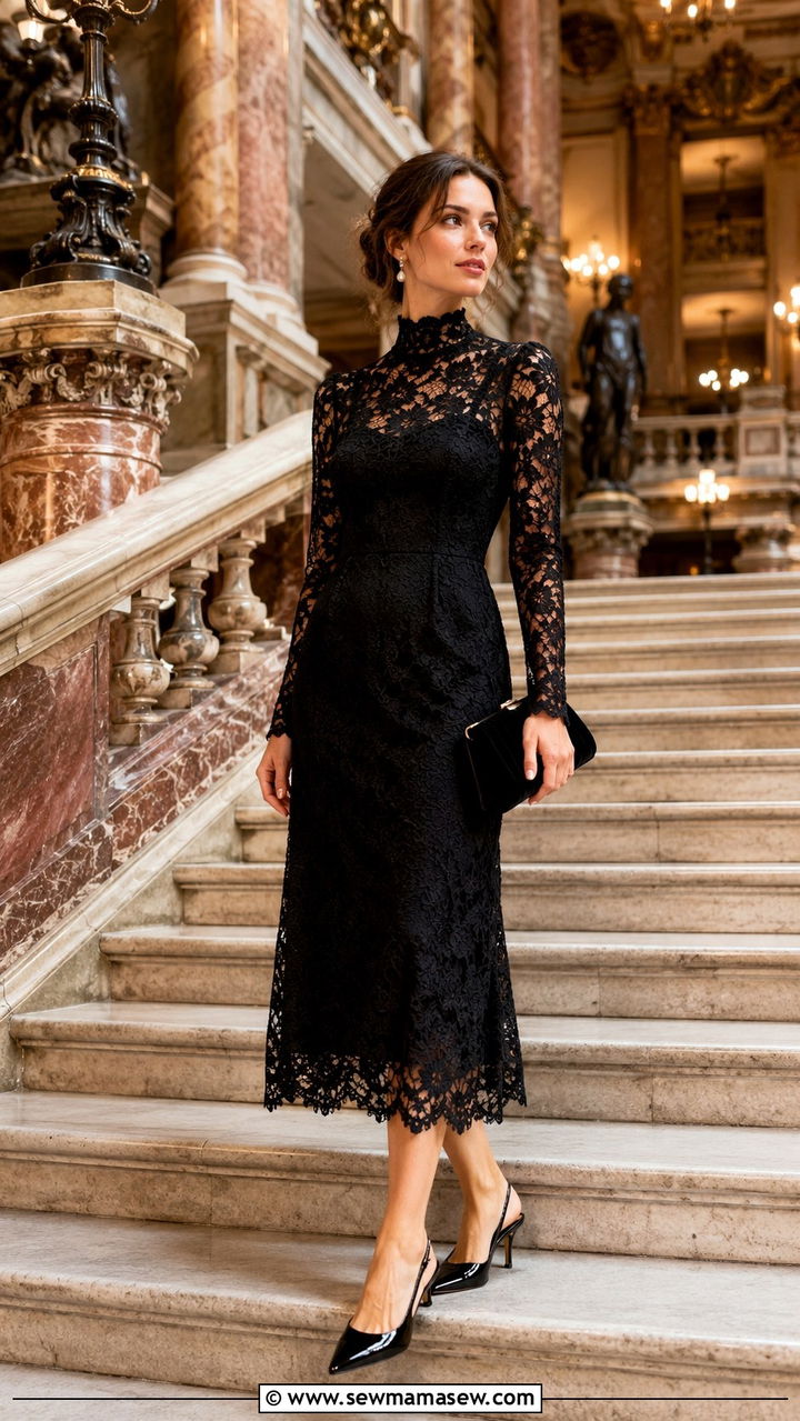 High Neck Lace Midi Dress With Black Slingbacks - 30 Opera outfit ideas