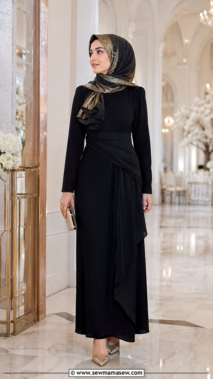 High Neck Maxi Dress With Statement Hijab - 30 Modest wedding guest outfit ideas with hijab