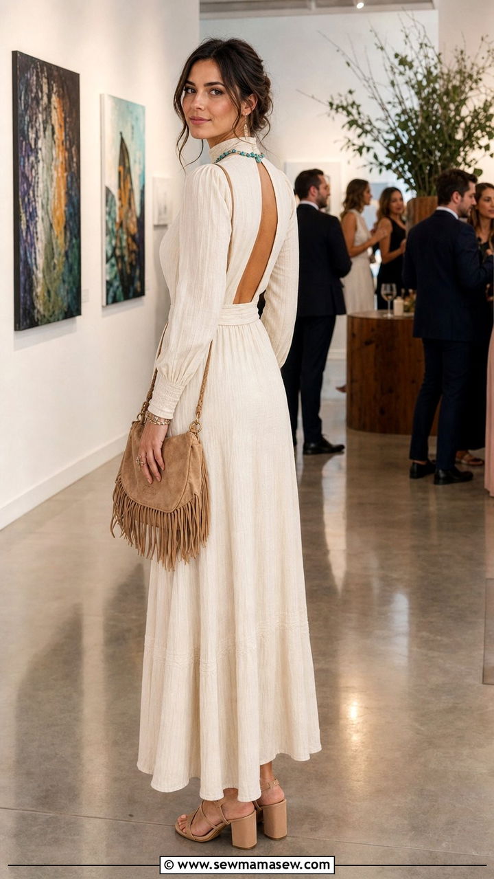 High Neck Maxi Dress With Statement Necklace - 35 Boho outfit ideas for wedding guest