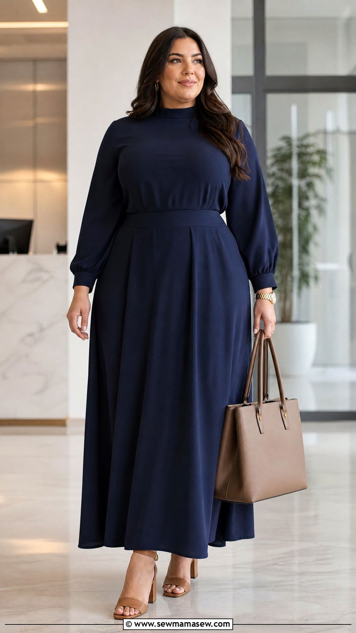 High Neck Maxi Dress with Structured Tote and Block Heels - 25 Maxi dress for plus size outfit ideas