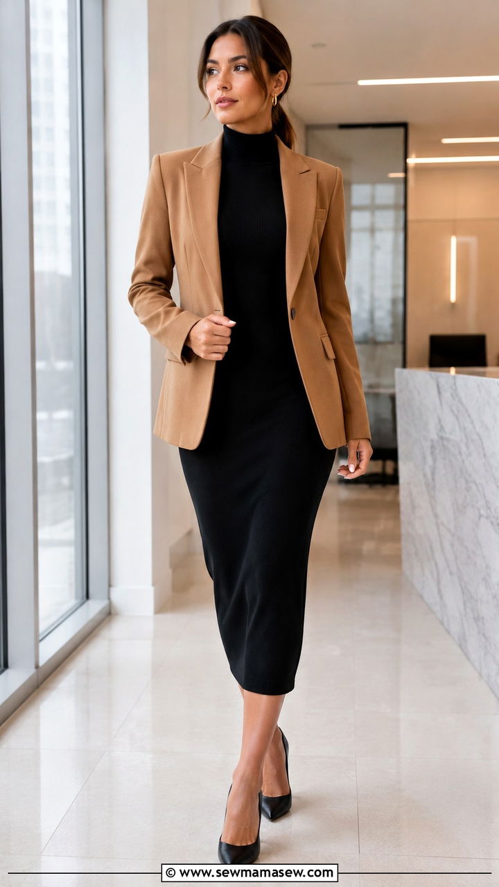 High Neck Midi Dress With Structured Blazer - 30 Modest outfit ideas minimalist