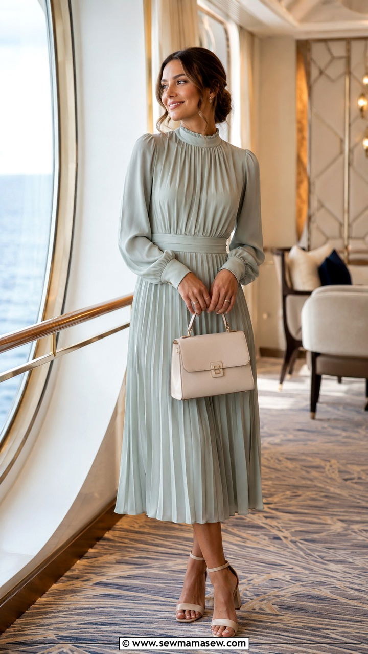 High Neck Midi Dress with Block Heels - 30 modest cruise outfit ideas