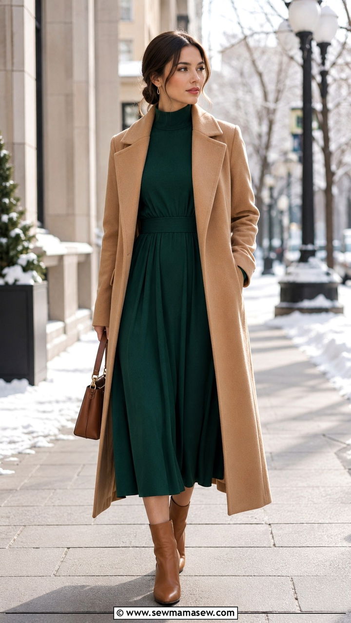 High Neck Midi Dress with Long Coat - 25 outfit ideas for modest women