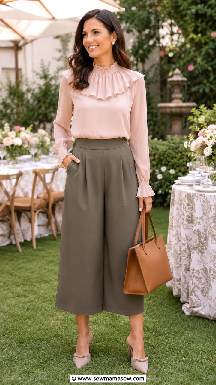 High Neck Ruffle Blouse With Flowy Culottes - 30 Modest outfit ideas boho