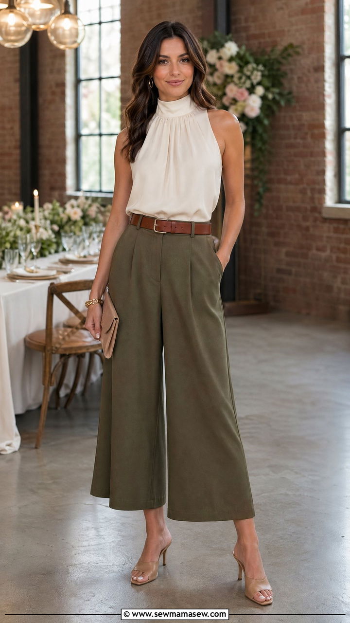 High Neck Sleeveless Blouse With Wide Leg Culottes And Heeled Mules - 35 Dressy casual wedding guest outfit ideas