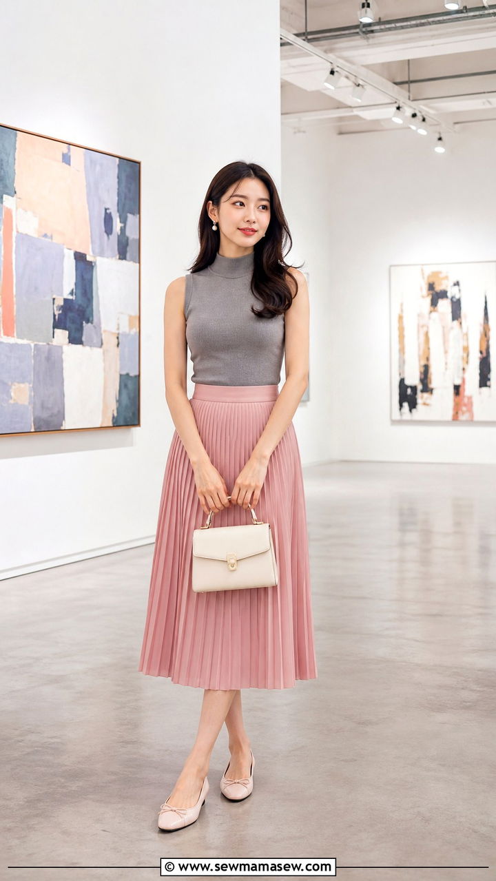 High Neck Sleeveless Top with Pleated Midi Skirt and Ballet Flats - 40 What to wear in Singapore