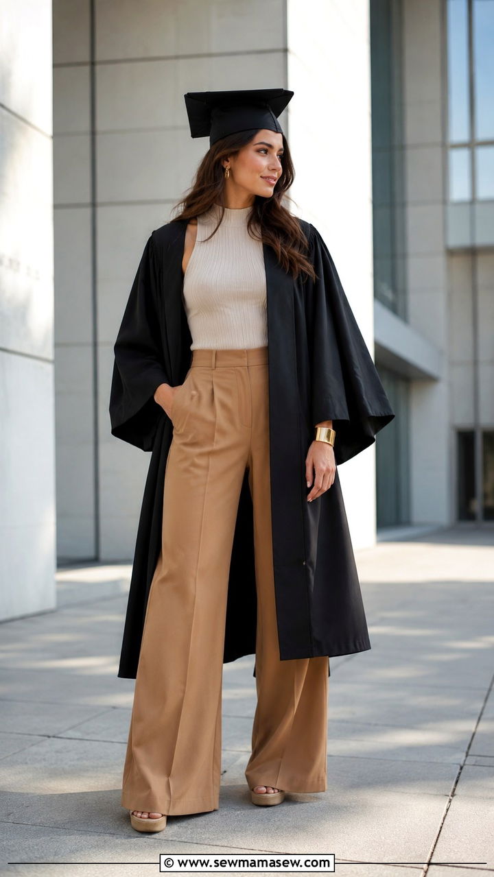 High Neck Sleeveless Top with Wide Leg Trousers - 30 Graduation cap and gown outfit ideas