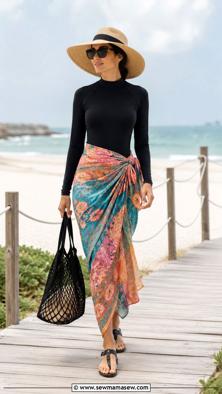 High Neck Swimsuit With Printed Sarong Cover Up - 25 Vacation outfit ideas modest women