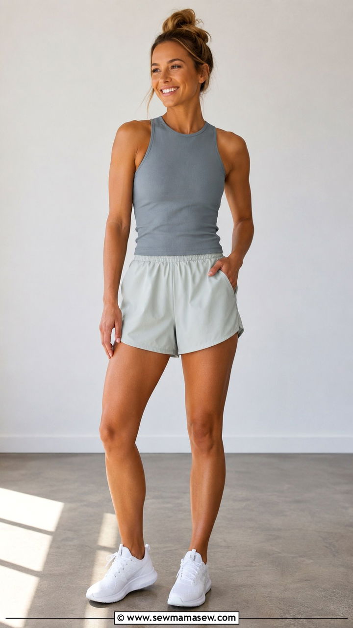 High Neck Tank And Woven Shorts Outfit - 30 Spin class outfit ideas