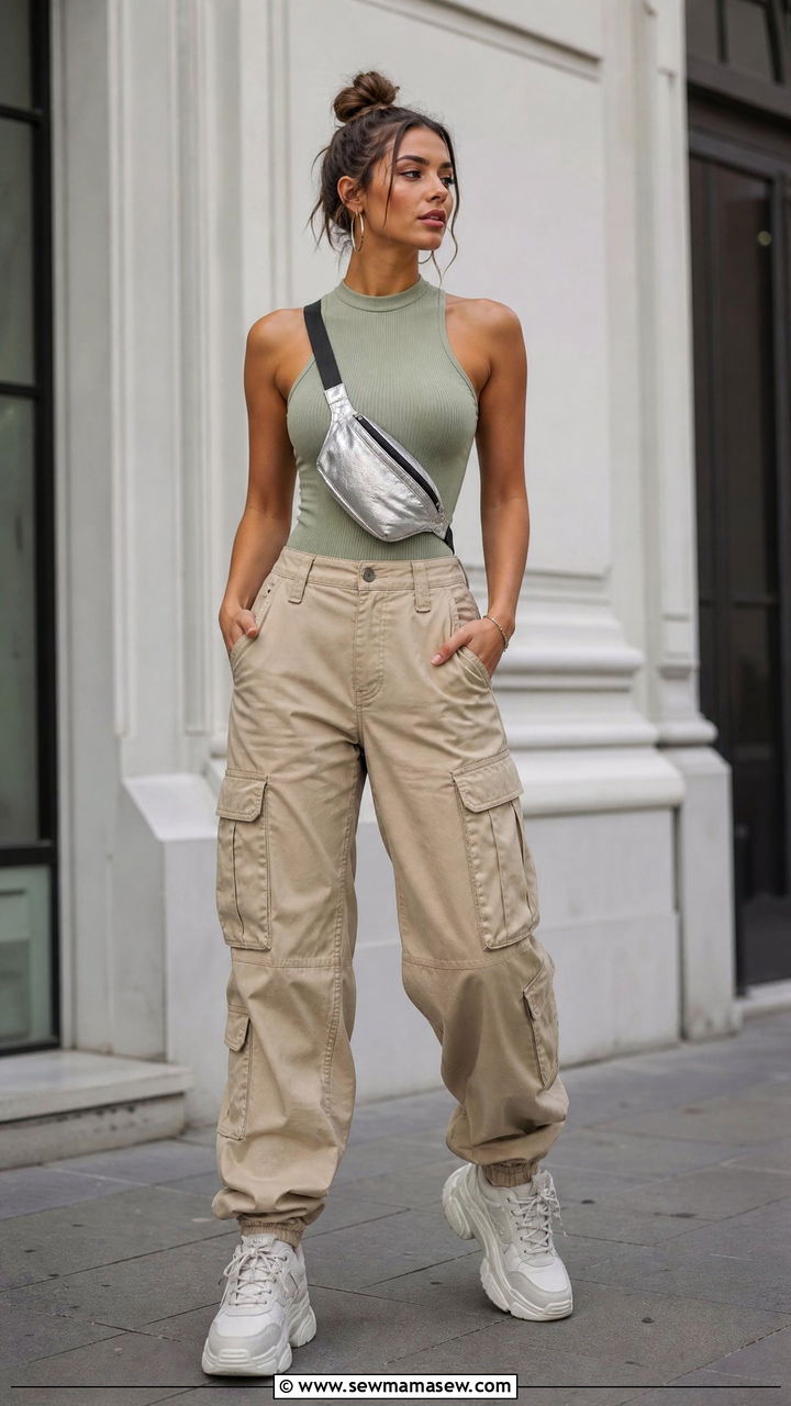 High Neck Tank Top with Cargo Pants - 35 how to style tank top