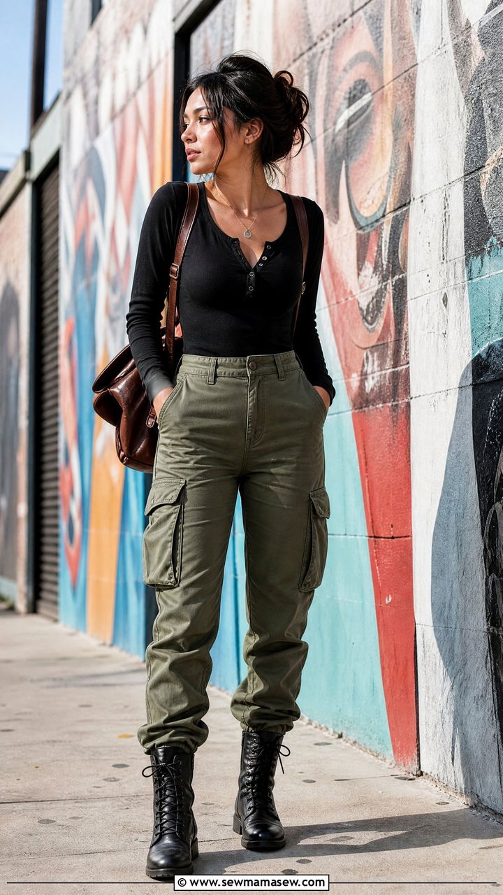 High Rise Cargo Trousers With a Fitted Henley and Combat Boots - 20 Petite outfit ideas 5'4