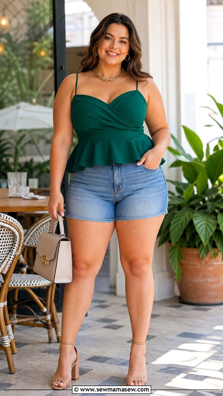 High Rise Denim Shorts with Peplum Tank - 25 Denim shorts outfit ideas plus size