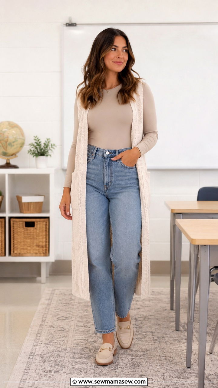 High Rise Jeans With Bodysuit And Longline Vest - 30 Teacher outfits with jeans
